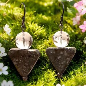 Vintage Sterling Silver Muscovite Triangle & Glass Dangle Earrings